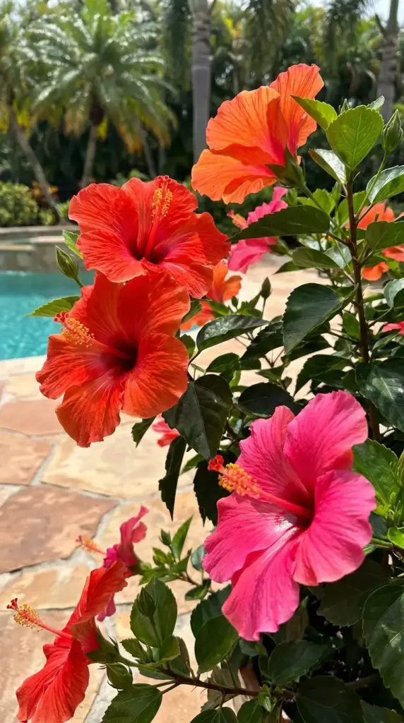 A vibrant and exotic example of Patio Flower Ideas featuring a lush hibiscus shrub with massive, trumpet-shaped blooms in fiery orange and hot pink. The sun-drenched flowers, with their prominent yellow stamens, are set against a backdrop of a clear blue swimming pool and a rustic stone patio lined with palm trees.