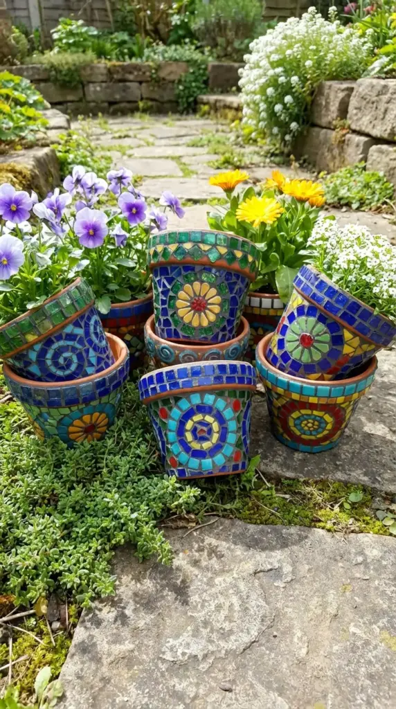 A vibrant collection of Small Flower Pot Ideas featuring several terra cotta planters decorated with intricate, multi-colored glass mosaic patterns in shades of blue, green, and yellow, arranged on a rustic stone walkway alongside blooming purple pansies and yellow calendula.