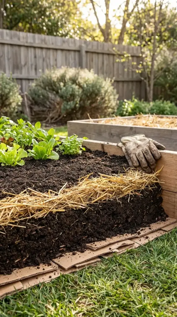 A close-up, educational view of a Veg Garden being built using the no-dig method within a light-colored wooden raised bed. The cross-section shows a base layer of brown cardboard placed directly over the grass, followed by thick layers of dark, nutrient-rich soil and golden straw mulch. Young green lettuce and herb starts are growing in the finished section, with a pair of worn leather gardening gloves resting on the edge of the frame in a sunny backyard setting.