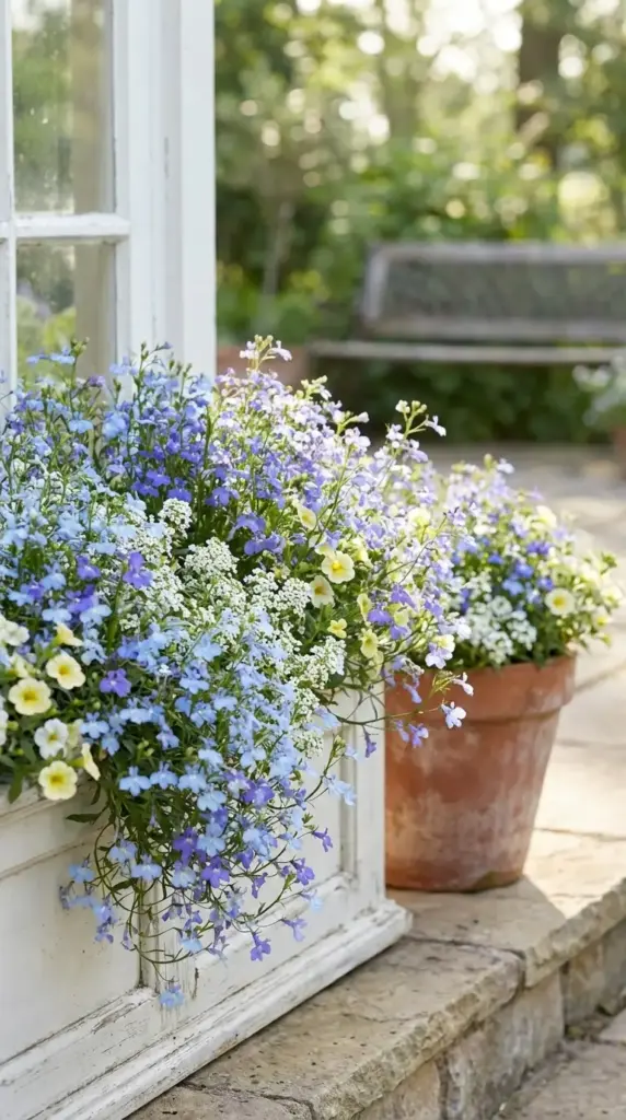 A charming and delicate example of Patio Flower Ideas featuring a white-washed wooden window box and a classic terra cotta planter. Both are overflowing with a soft, airy mix of sky-blue lobelia, fragrant white alyssum, and pale yellow petunias, set against a rustic stone patio and a blurred garden bench in the soft morning light.