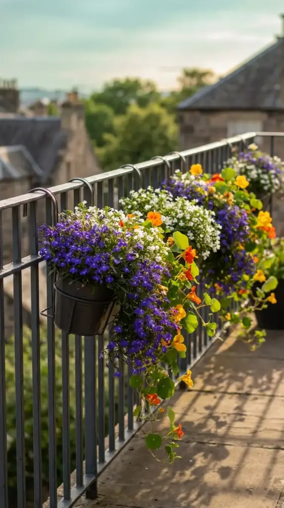 A space-saving example of Small Flower Pot Ideas featuring several black metal planters securely hooked onto a stone balcony railing, overflowing with a vibrant mix of cascading purple lobelia, white sweet alyssum, and orange nasturtiums against a blurred cityscape.