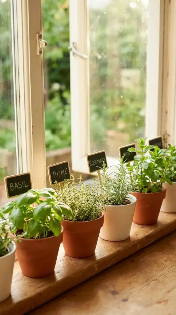 A sun-drenched indoor windowsill featuring a row of Small Flower Pot Ideas, including terra cotta and white ceramic planters holding lush basil, thyme, rosemary, and mint, each identified by a charming miniature chalkboard sign.