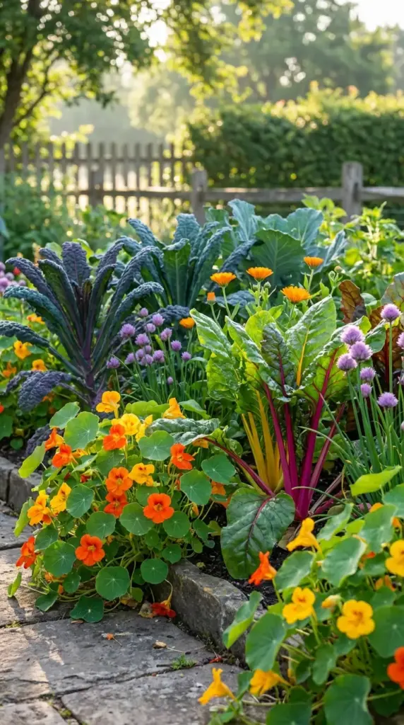 A lush and colorful Veg Garden border featuring a striking dark-purple lacinato kale plant as a focal point. The arrangement includes rainbow Swiss chard with bright pink and yellow stalks, clusters of purple chive blossoms, and a dense foreground of orange and yellow nasturtiums spilling over a rustic stone edge. The sun-drenched scene is set against a blurred background of a wooden garden fence and a leafy green hedge.