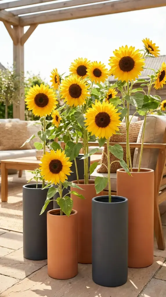 A striking and modern example of Patio Flower Ideas featuring a group of tall, cylindrical column planters in matte charcoal gray and warm terra cotta. Each planter holds a single, vibrant sunflower with large yellow petals and dark chocolate centers, reaching toward a wooden pergola in a sun-drenched outdoor lounge area with comfortable wooden furniture.