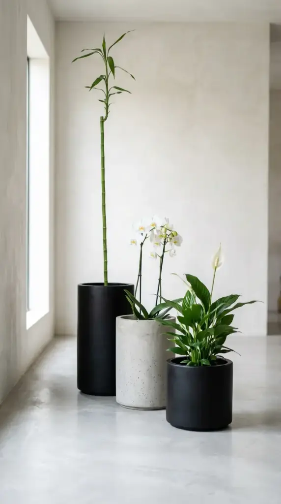 A sophisticated indoor display of Small Flower Pot Ideas featuring three sleek, cylindrical floor planters in matte black and speckled gray concrete, holding a tall stalks of lucky bamboo, elegant white orchids, and a lush peace lily against a minimalist white gallery wall.