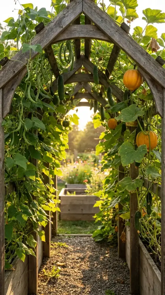 A lush and productive Veg Garden featuring a rustic wooden archway used as a vertical trellis for climbing crops. Healthy green vines of cucumbers and small orange pumpkins hang from the structure, creating a shaded tunnel over a gravel path. The scene is illuminated by the warm glow of the setting sun, with organized wooden raised beds and a colorful wildflower meadow visible through the archway in the background.