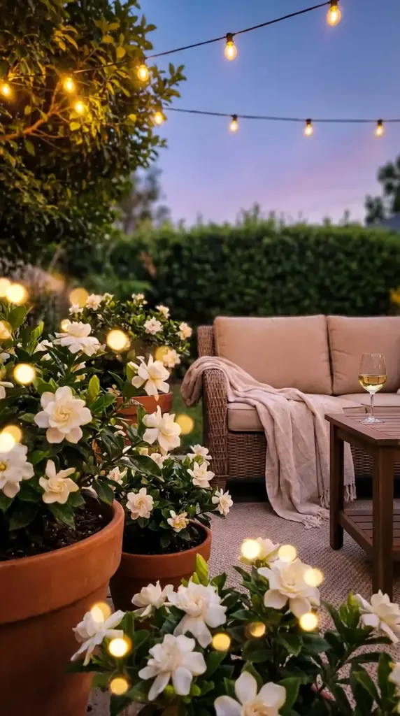 A cozy and elegant example of Patio Flower Ideas featuring several classic terra cotta planters filled with lush, white gardenia shrubs. The scene is set at twilight on a comfortable outdoor lounge patio, with warm string lights and glowing bokeh orbs creating a magical atmosphere around a wicker sofa and a glass of white wine.