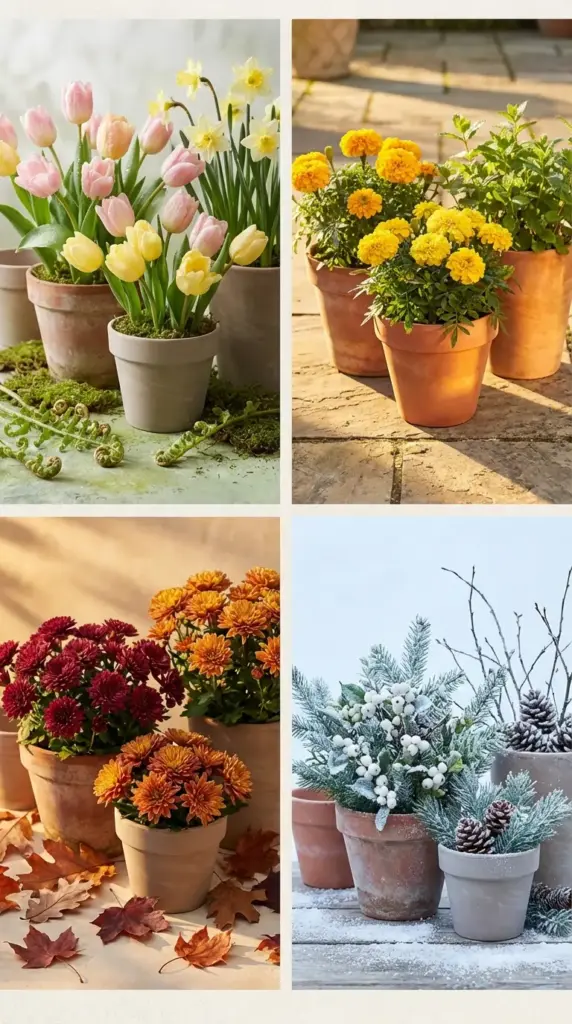 A four-panel collage showcasing seasonal Small Flower Pot Ideas, featuring pastel pink and yellow tulips with daffodils for spring, bright orange marigolds with fresh mint for summer, deep red and copper chrysanthemums with autumn leaves for fall, and frosted evergreen boughs with white berries and pinecones for winter.