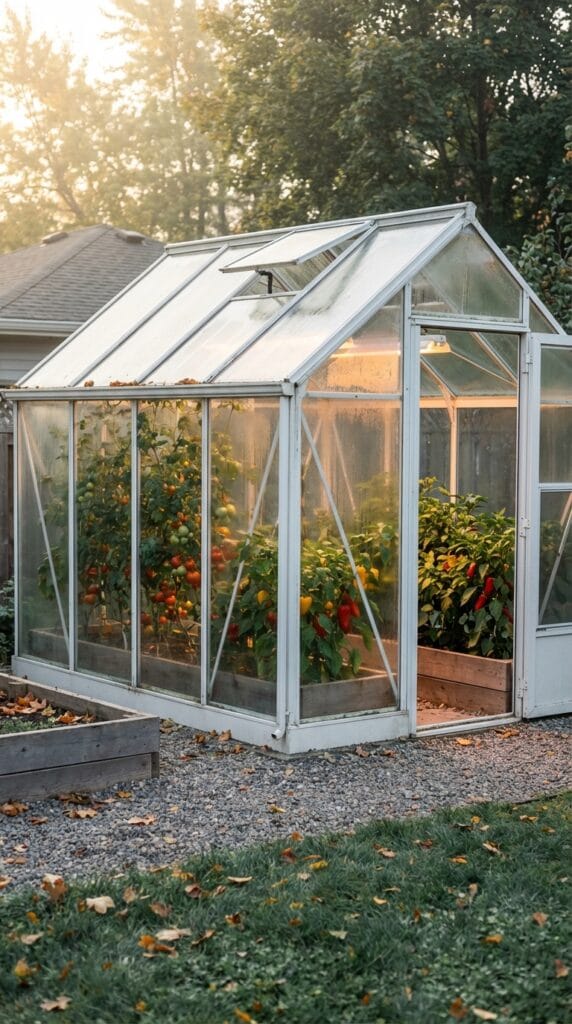 A professional-grade Veg Garden solution featuring a white-framed glass greenhouse situated in a backyard. Inside the structure, tall tomato plants laden with ripening fruit and lush bell pepper plants with bright red and yellow peppers thrive in a controlled environment. The greenhouse is set on a neat gravel foundation next to an outdoor raised bed, all captured in the soft, diffused light of a late afternoon.