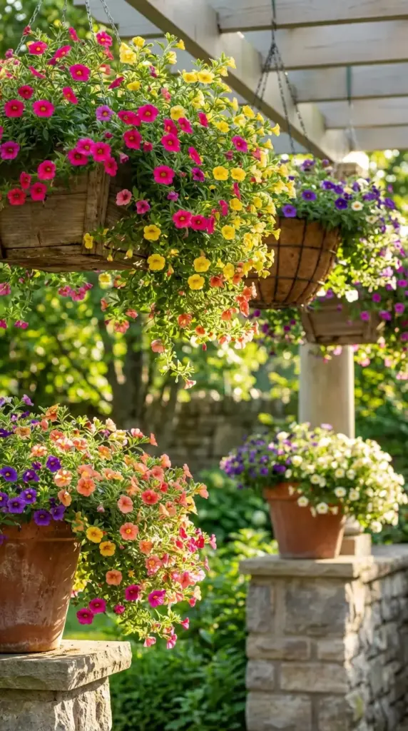 A lush and colorful garden scene featuring several Patio Flower Ideas, with wooden and coco-coir hanging baskets suspended from a white pergola overflowing with pink, yellow, and purple petunias. In the foreground, large terra cotta pots filled with matching multi-colored blooms sit atop stone pillars, creating a beautiful multi-level floral display.