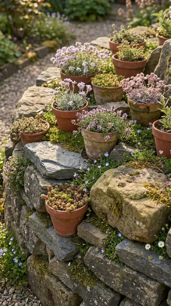 A ruggedly beautiful garden scene featuring several Small Flower Pot Ideas, with aged terra cotta planters nestled among large gray boulders and mossy stones, filled with delicate pink alpine flowers, low-growing succulents, and aromatic creeping thyme.