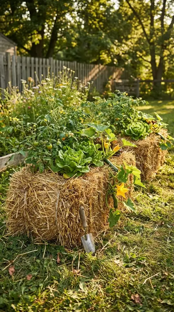 A resourceful and rustic Veg Garden featuring several golden straw bales used as temporary planting containers in a sunny backyard. Thriving green tomato plants with small yellow blossoms, lush heads of leaf lettuce, and squash vines with bright yellow flowers are growing directly out of the top of the bales. The scene is set on a green lawn with a small metal garden trowel resting in the foreground and a wooden fence bordering the property.