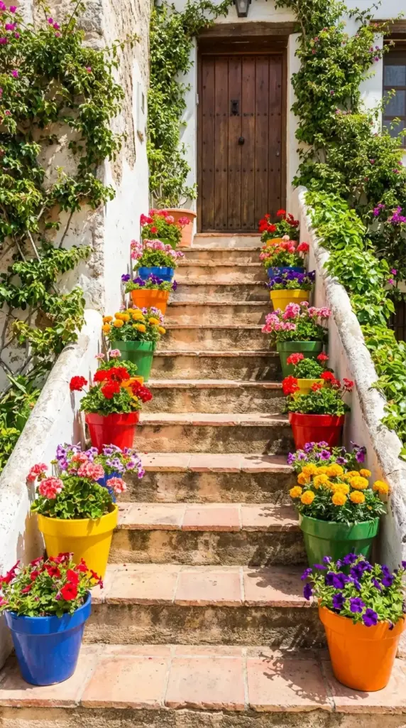 A stunning outdoor stone staircase lined with vibrant Small Flower Pot Ideas, featuring rows of planters in bold primary colors—red, yellow, blue, and green—bursting with multi-colored petunias, geraniums, and marigolds against a backdrop of white-washed walls and climbing green vines.