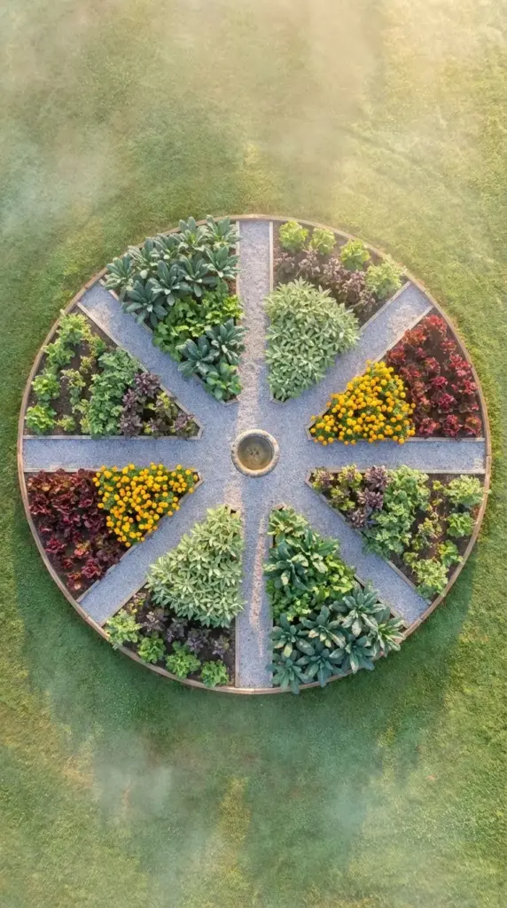 An aerial view of a perfectly symmetrical, wheel-shaped Veg Garden set within a lush green lawn. The circular design is divided by gravel paths into eight triangular segments, each overflowing with organized crops including dark green kale, textured sage, bright orange marigolds, and deep red lettuce. A stone birdbath serves as the central focal point, all captured in the soft, golden light of early morning mist.