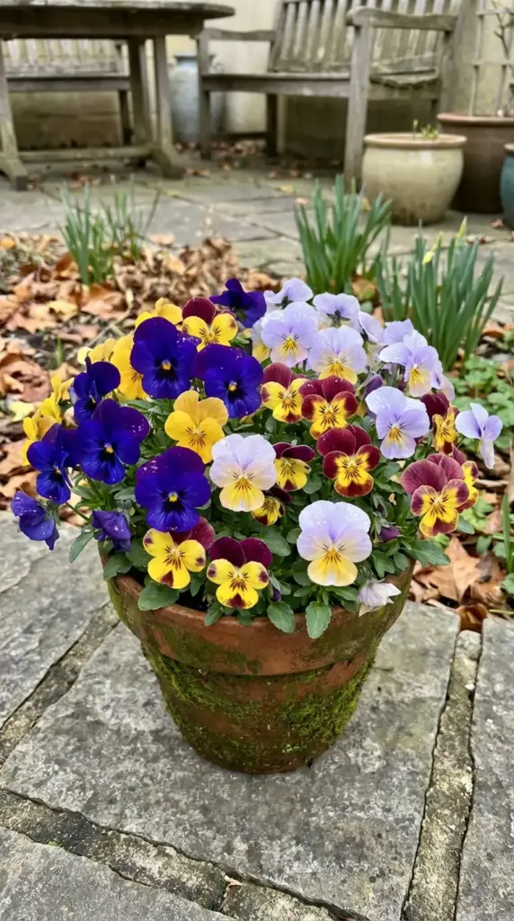 A charming autumn garden scene featuring Patio Flower Ideas, with a weathered, moss-covered terra cotta planter filled with a vibrant mix of purple, yellow, and lavender pansies. The pot is set on a rustic flagstone patio scattered with fallen brown leaves, with a blurred background of garden benches and additional ceramic planters in the soft daylight.