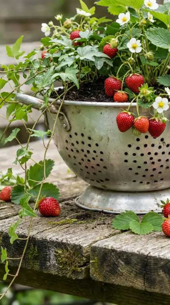 A rustic and sustainable example of Small Flower Pot Ideas featuring a vintage silver metal colander repurposed as a planter. The colander sits on a weathered wooden garden table, overflowing with a lush strawberry plant showing ripe red berries, delicate white blossoms, and trailing green ivy.