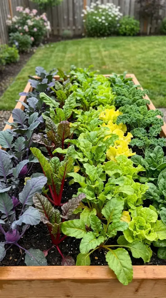 A vibrant and closely planted Veg Garden featuring rows of diverse edible crops in a light-colored cedar raised bed. The arrangement displays a spectrum of colors and textures, including purple kohlrabi, red-veined Swiss chard, bright neon-green leaf lettuce, and ruffled dark green kale. The bed is set against a lush green lawn and a wooden garden fence in the background, with the plants glistening from a recent watering.
