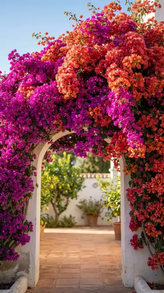 A breathtaking and sunny example of Patio Flower Ideas featuring a white stucco garden archway completely covered in lush, cascading bougainvillea in brilliant shades of magenta and sunset orange. The archway leads into a peaceful courtyard with a terracotta tile floor and citrus trees in the background, creating a quintessential Mediterranean garden look.
