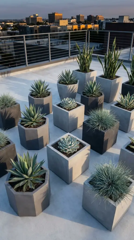 A minimalist rooftop garden featuring a structured grid of Small Flower Pot Ideas, with sleek concrete square and hexagonal planters containing agave, rosette-shaped succulents, and blue fescue ornamental grass set against an urban city skyline at sunset.