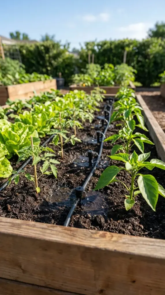A close-up and technical example of a Veg Garden featuring a professional drip irrigation system installed within a wooden raised bed. Small emitter stakes are placed at the base of young tomato and pepper plants, delivering precise beads of water directly to the dark, rich soil. The rows of vibrant green seedlings are perfectly aligned, stretching toward the sun in a well-organized backyard garden.
