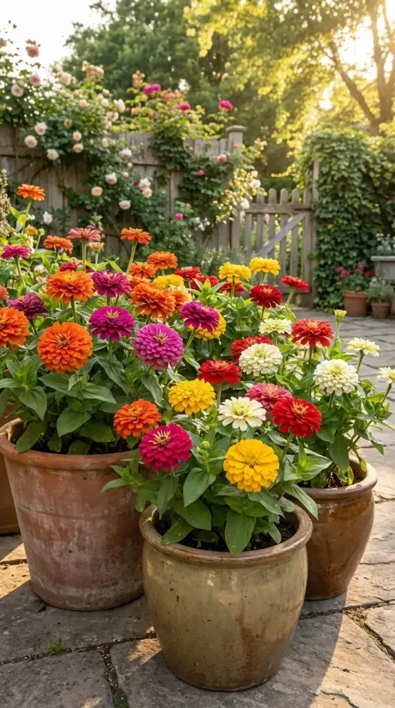 A cheerful summer garden scene featuring Patio Flower Ideas, with several rustic terra cotta and glazed ceramic pots overflowing with multi-colored zinnias in bright shades of orange, hot pink, sunny yellow, and red. The pots are arranged on a stone patio in front of a weathered wooden fence covered in climbing roses and lush green ivy, all bathed in the warm glow of the late afternoon sun.