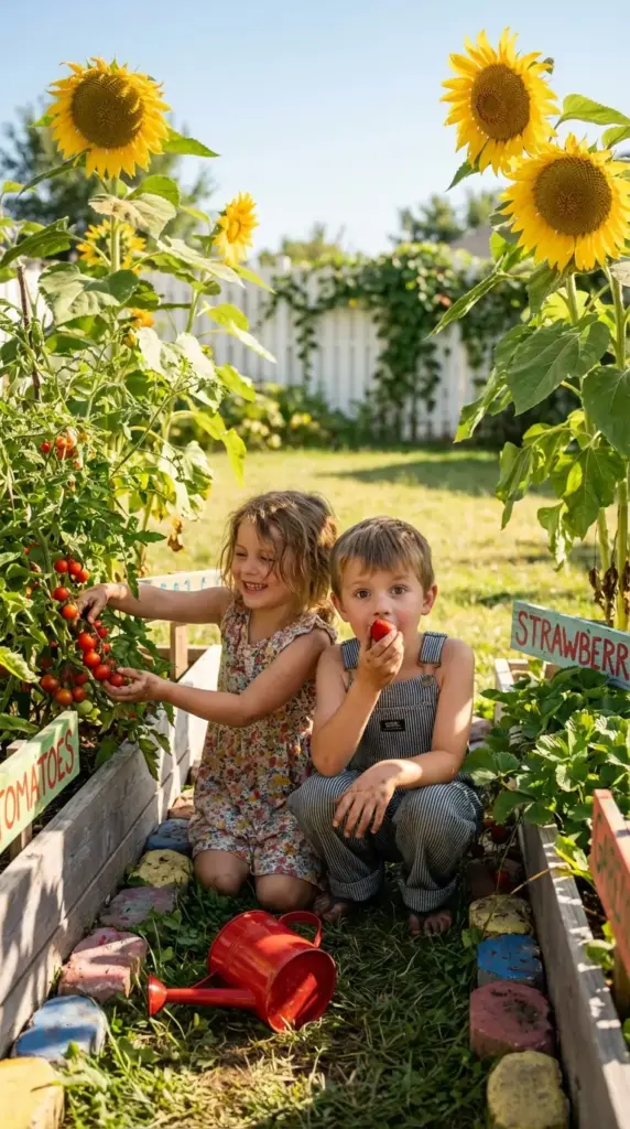 A heartwarming and educational Veg Garden scene featuring two young children sitting on a grass path between wooden raised beds. A young girl in a floral dress picks ripe cherry tomatoes from a tall vine, while a young boy in denim overalls eats a fresh strawberry. The garden is filled with towering sunflowers, colorful painted stepping stones, and a bright red watering can, all illuminated by warm, direct sunlight against a white picket fence.
