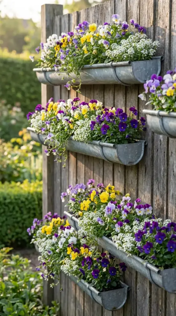 A creative and space-saving example of Small Flower Pot Ideas featuring several galvanized metal rain gutters repurposed as long planters and mounted horizontally to a rustic wooden fence, overflowing with a colorful mix of purple, yellow, and white pansies paired with delicate white sweet alyssum.