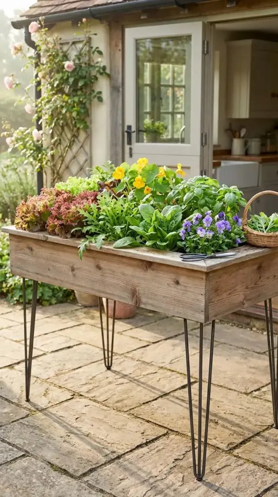 A stylish and accessible Veg Garden solution featuring a rectangular wooden planter bed supported by sleek black hairpin legs on a stone patio. The elevated bed is densely packed with a variety of thriving plants, including ruffled red and green leaf lettuces, vibrant yellow nasturtiums, aromatic basil, and delicate purple pansies. The background shows a charming stone cottage with an open door and a climbing rose trellis, creating a perfect "farm-to-table" atmosphere.