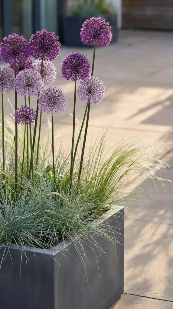 An elegant and modern example of Patio Flower Ideas featuring a sleek, charcoal-gray square concrete planter filled with tall, spherical purple Allium blooms and wispy, light-green ornamental grasses. The minimalist arrangement is set on a sun-drenched stone patio, with the soft afternoon light creating long shadows across the clean lines of the outdoor space.