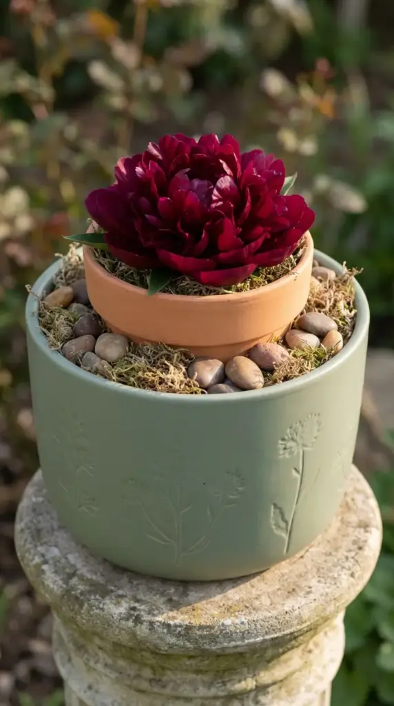 An elegant and artistic example of Small Flower Pot Ideas featuring a double-layered planter setup. A small, simple terra cotta pot holding a single, deep burgundy peony bloom is nested inside a larger, sage green ceramic pot. The space between the two pots is neatly filled with natural river stones and dried forest moss, creating a textured and professional-looking centerpiece on a stone garden pedestal.