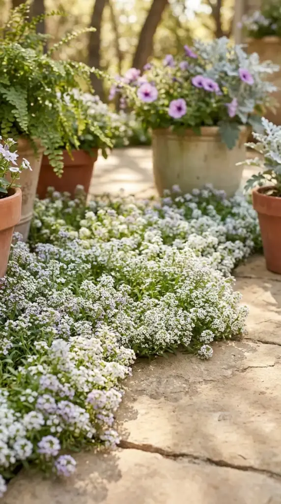 A dreamy and delicate example of Patio Flower Ideas featuring a lush, low-growing carpet of fragrant white and pale purple sweet alyssum spilling over the edges of a rustic stone patio path. The sun-drenched scene includes several terra cotta and ceramic planters in the background filled with soft purple petunias, silvery dusty miller, and green ferns, creating a soft and romantic garden entrance.