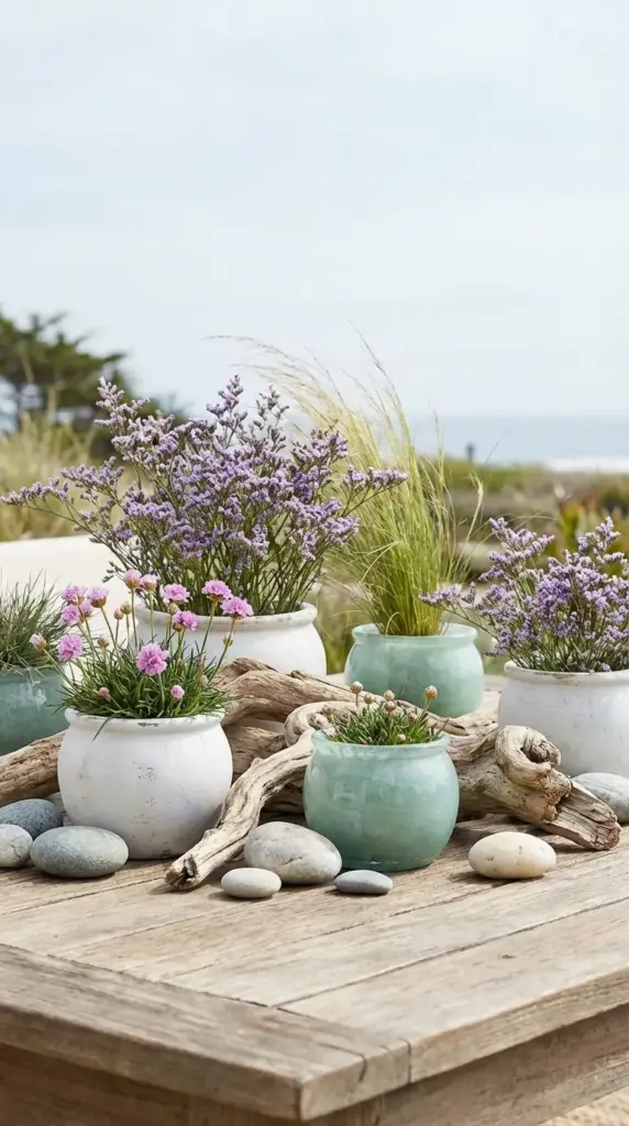 A serene outdoor tabletop display featuring several Small Flower Pot Ideas, with smooth white and sea-glass green ceramic planters holding airy purple statice, pink sea thrift, and ornamental beach grass. The pots are artfully arranged around weathered driftwood and smooth river stones on a rustic wooden table with a blurred ocean horizon in the background.