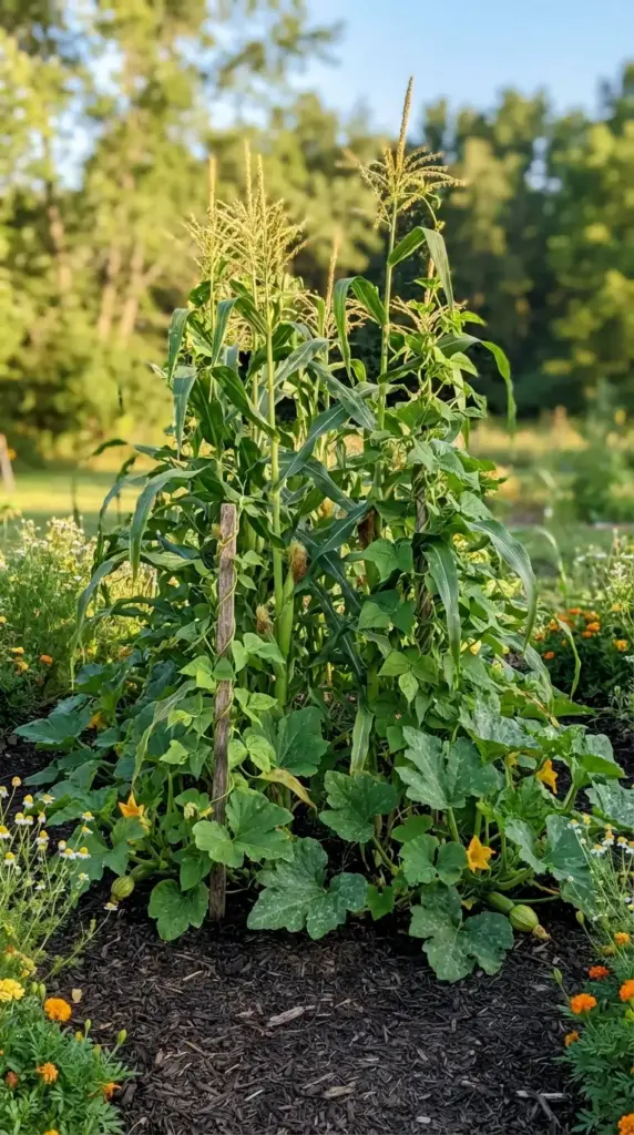 A traditional and highly productive Veg Garden setup featuring the "Three Sisters" companion planting method in a sunny field. Tall, sturdy corn stalks provide a living trellis for climbing bean vines with delicate green leaves, while large, prickly squash plants with bright yellow blossoms sprawl across the dark soil at the base to act as a living mulch. The arrangement is bordered by cheerful orange marigolds and white daisies under a clear blue sky.
