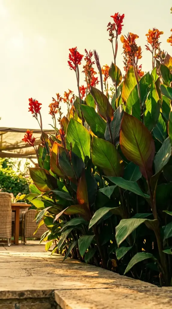 A bright and cheerful example of Patio Flower Ideas featuring a multi-layered arrangement of terra cotta and ceramic planters on a sun-drenched stone patio. Large pots overflowing with purple, pink, and white petunias are placed at different heights, while a lush carpet of white sweet alyssum spills across the flagstones in the foreground, creating a soft, romantic garden scene.
