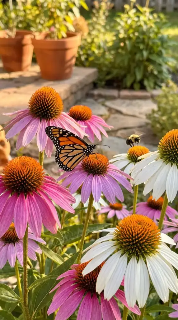 A vibrant and high-action example of Patio Flower Ideas featuring a monarch butterfly with its wings spread wide, perched on a bright purple coneflower (Echinacea). The scene is set in a sun-drenched backyard garden, with a bumblebee hovering near a white coneflower and several classic terra cotta planters arranged on a stone patio in the soft-focus background.