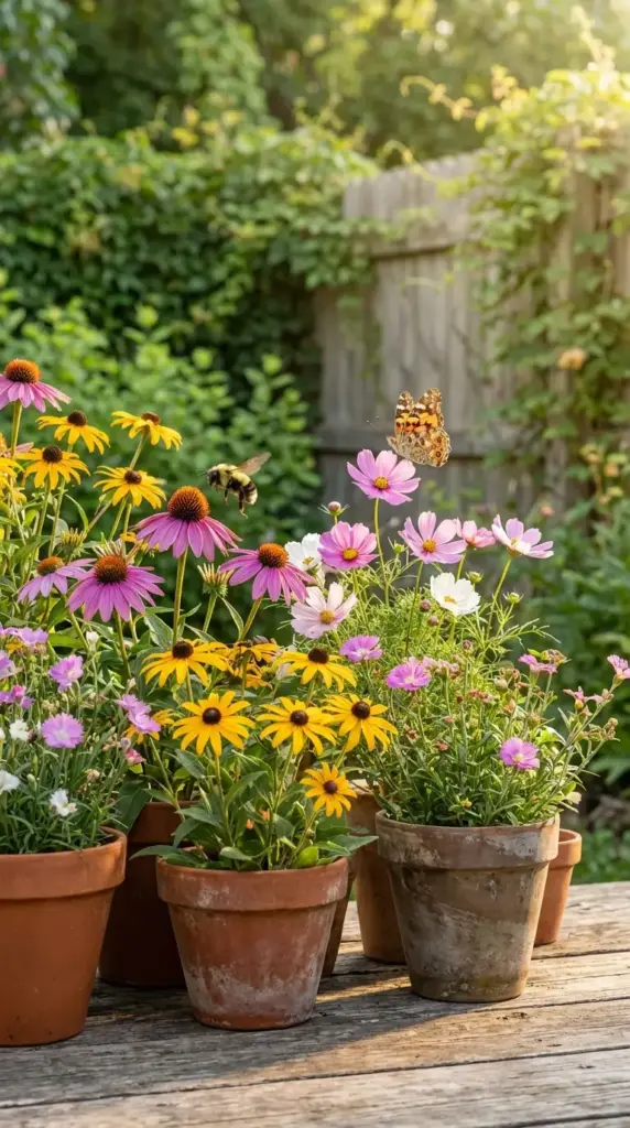 A sun-drenched close-up of several Small Flower Pot Ideas featuring weathered terra cotta planters filled with a vibrant mix of purple coneflowers (Echinacea), bright yellow Black-Eyed Susans, and soft pink cosmos. The scene is full of life, capturing a bumblebee in flight and a painted lady butterfly landing on a bloom, set against a lush green garden backdrop.
