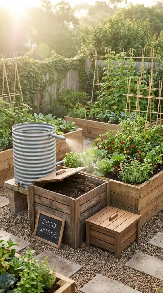 A highly functional and eco-friendly Veg Garden setup featuring a galvanized metal rain barrel and a wooden three-bin composting system on a gravel path. The scene includes several large wooden raised beds filled with thriving tomato plants on bamboo trellises, leafy greens, and herbs. A small chalkboard with "zero waste" written on it sits at the base of the composter, all captured in the soft, warm light of a late afternoon sun.