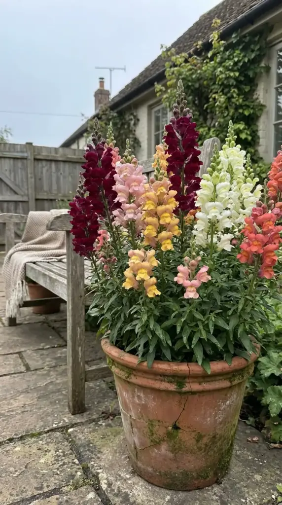 A vibrant and vertical example of Patio Flower Ideas featuring a weathered, mossy terra cotta planter filled with a dense cluster of snapdragons in shades of deep burgundy, soft peach, bright yellow, and creamy white. The pot is positioned on a rustic stone patio next to a wooden garden bench with a cozy knit throw, set against a blurred background of a traditional cottage garden and a wooden fence.