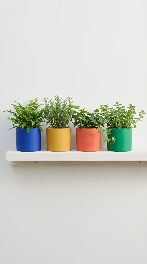 A clean and vibrant indoor display featuring four Small Flower Pot Ideas, with sleek, cylindrical ceramic planters in bold shades of cobalt blue, sunshine yellow, coral orange, and forest green. The pots are neatly arranged on a white floating shelf, holding a lush Boston fern, fragrant upright rosemary, trailing English ivy, and a bushy oregano plant against a plain white wall.