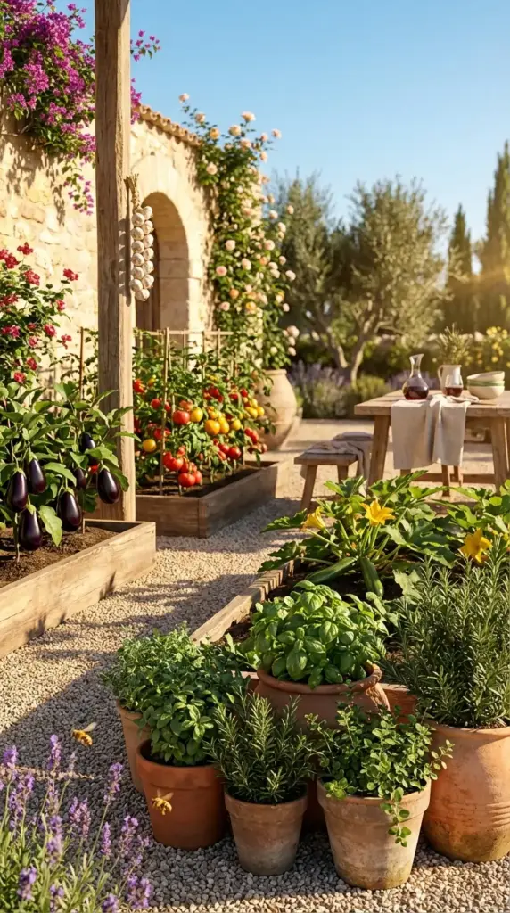 A sun-drenched, Mediterranean-style Veg Garden featuring rustic wooden raised beds and a collection of aged terracotta pots on a light gravel path. The beds are filled with glossy purple eggplants and heavy clusters of ripening red tomatoes on wooden stakes, while the pots overflow with fragrant green basil and rosemary. A stone villa with an arched doorway, a hanging braid of garlic, and a vibrant climbing magenta bougainvillea vine completes the warm, rustic Veg Garden scene.