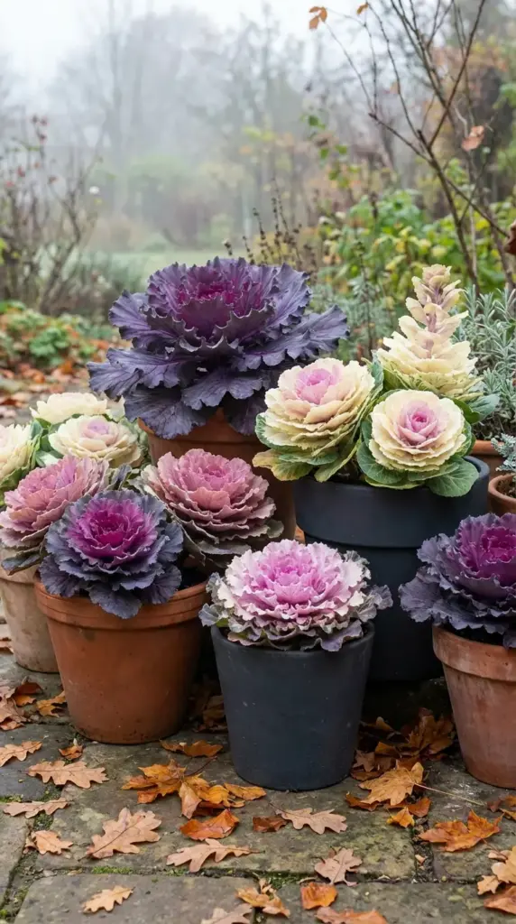 A sophisticated and textural example of Patio Flower Ideas featuring a collection of matte charcoal and classic terra cotta pots filled with ornamental cabbage and kale. The ruffled leaves transition from deep emerald green to vibrant magenta, lavender, and creamy white centers, arranged on a rustic stone patio covered in fallen autumn leaves against a misty, late-season garden backdrop.