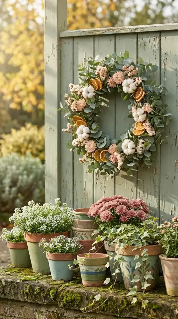 A charming rustic garden scene featuring several Small Flower Pot Ideas, including weathered terra cotta and hand-painted sage green planters filled with pink chrysanthemums, white sweet alyssum, and trailing ivy. The pots are arranged on a mossy stone ledge beneath a large, natural wreath made of eucalyptus, cotton bolls, dried orange slices, and pink strawflowers hanging on a pale green wooden fence.