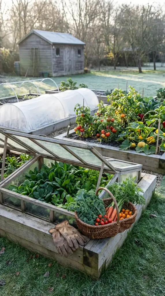 A resilient and well-protected Veg Garden in the early morning frost. The scene features a sturdy wooden cold frame with a glass lid filled with lush green spinach and kale, alongside a raised bed protected by a white fabric row cover tunnel. In the background, staked tomato plants and squash thrive in open beds, while a wicker basket overflowing with harvested carrots and tomatoes sits on the frost-covered grass next to a pair of leather gardening gloves.