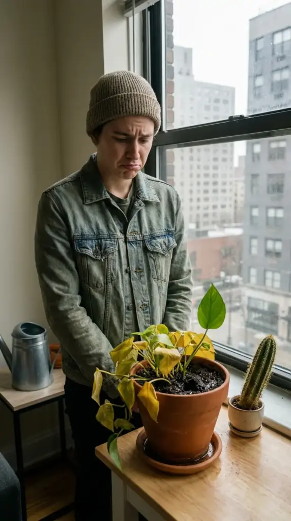 A sad man looking at a dying indoor plant in need of garden help for beginners to fix yellowing leaves and overwatering issues.