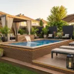 Modern above ground pool ideas with wraparound deck, landscaping, lighting, and luxury in-ground resort style backyard design