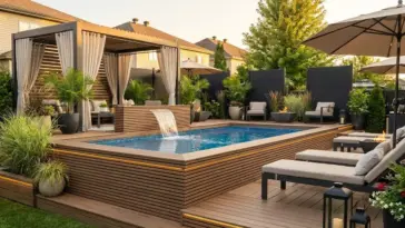 Modern above ground pool ideas with wraparound deck, landscaping, lighting, and luxury in-ground resort style backyard design