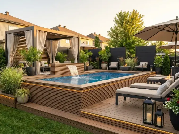 Modern above ground pool ideas with wraparound deck, landscaping, lighting, and luxury in-ground resort style backyard design