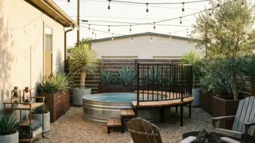 Rustic industrial stock tank pool ideas with cedar deck, gravel pad, black accents, and modern above ground pool styling