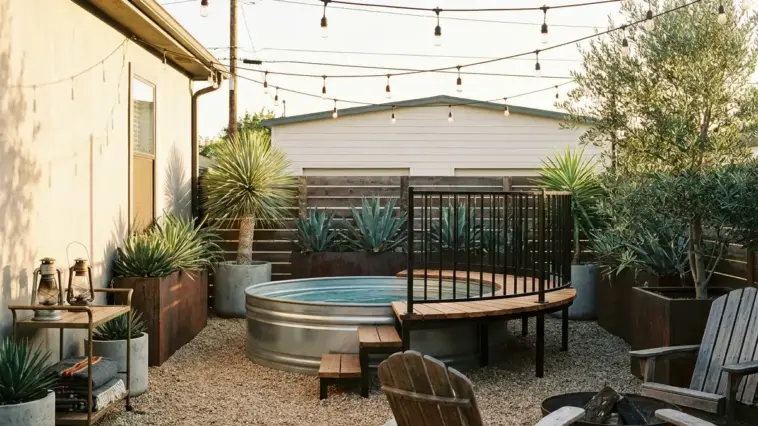 Rustic industrial stock tank pool ideas with cedar deck, gravel pad, black accents, and modern above ground pool styling