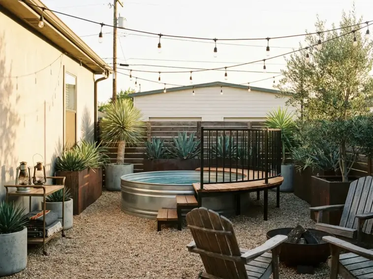 Rustic industrial stock tank pool ideas with cedar deck, gravel pad, black accents, and modern above ground pool styling